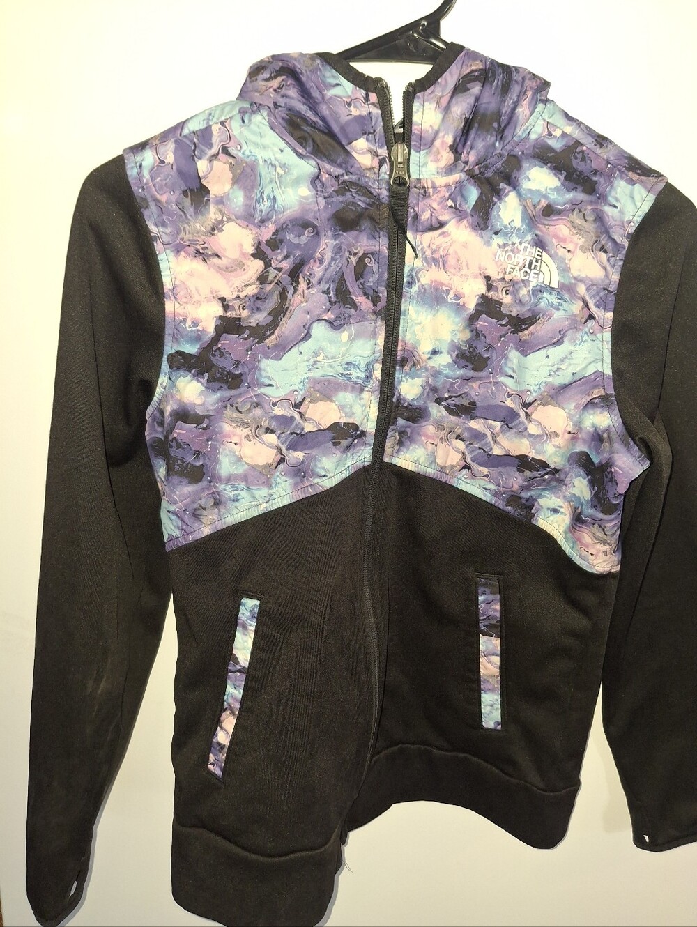 The North Face Kids Black Jacket with Purple & Teal Marble Print Hood Size 14/16